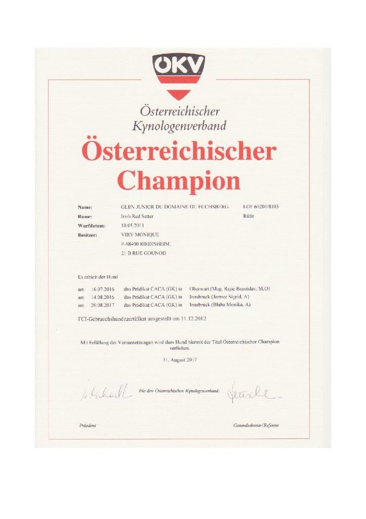 Du Domaine Du Fuchsberg - Et encore un titre de champion pour Glen