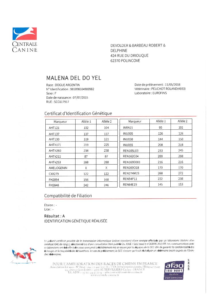 du Domaine du Sable Blanc - IDENTIFICATION GENETIQUE DE MALENA DEL DO YEL 