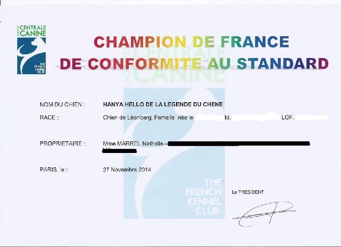 Titre de championne de France de conformité au standard de Hanya